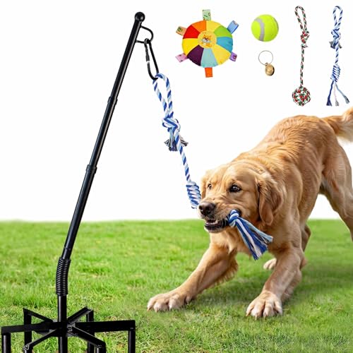 CWV Outdoor Tug of War Dog Toy with 4 Tether Dog Toys 36-56 Adjustable Height Flirt Pole for Dogs with Pole Cover for Self Play and Exercise 360Rotation Tug Toy for Large Dogs