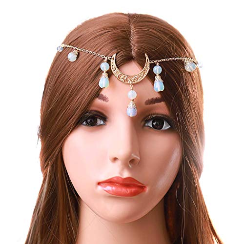 Zoestar Bohemian Crescent Moon Head Chain Beaded Headpiece Tassel Headband Jewelry for Women (Gold)