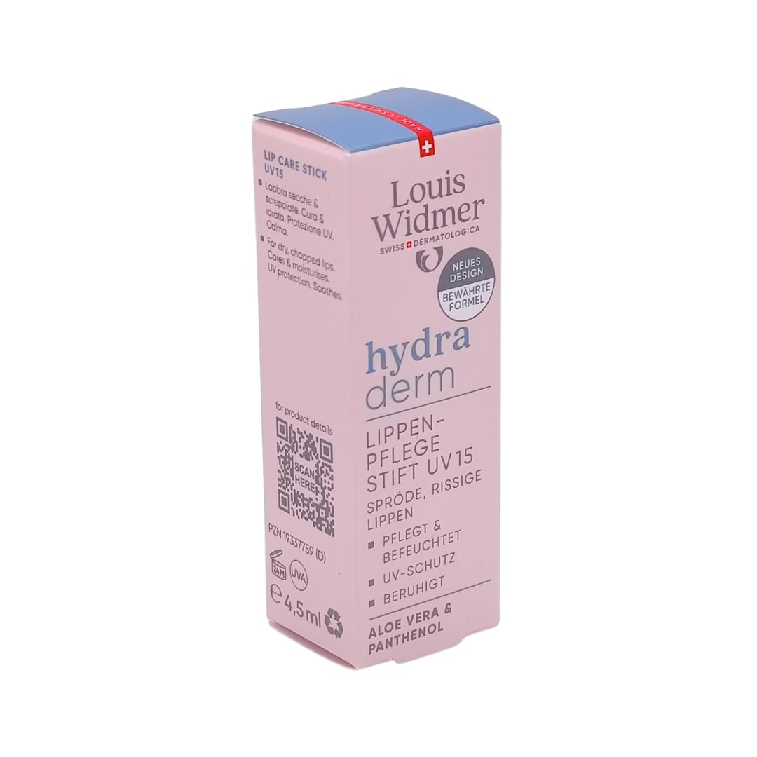 Louis Widmer hydraderm Lippenpflege Stift UV 15, 3x 4,5 ml I Beruhigende Pflege bei spröden Lippen I mit Aloe Vera, Panthenol & LSF 15 I vegan, ohne Mikroplastik I Spar-Set plus Pharma Perle give-away