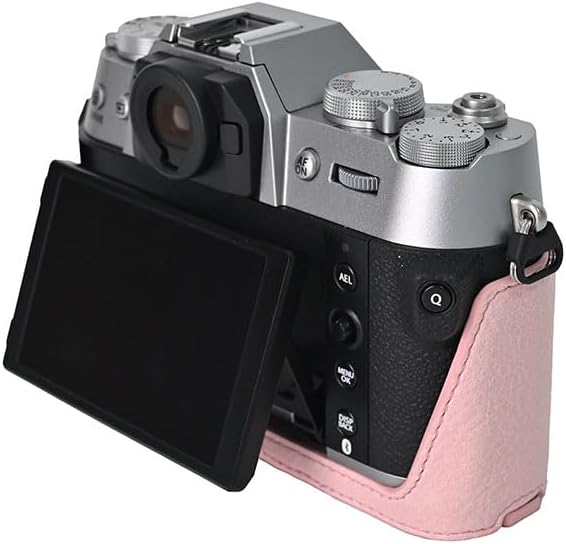 X-T50 Case, Handmade PU Leather Half Camera Case Bag Cover Bottom Opening Version for Fujifilm X-T50 XT50 With Neck Strap (Pink)