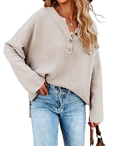 Saodimallsu Women's Oversized Sweaters Batwing Long Sleeve Loose V Neck Button Henley Tops Pullover Knit Jumper