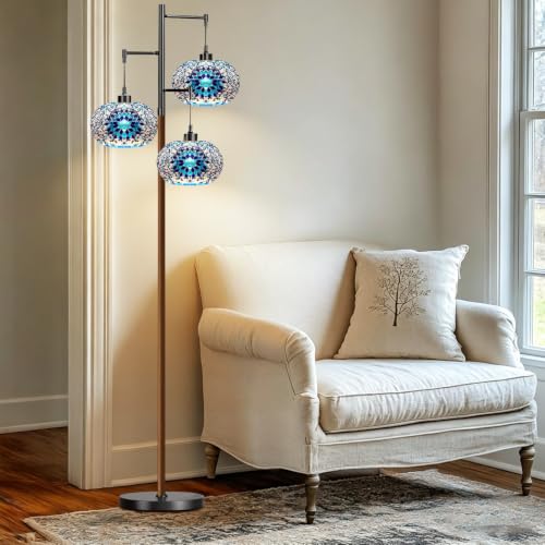 Image of ILLMTW Turkish Floor Lamp for Living Room,Bedroom,Moroccan Tiffany Standing Lamp Mosaic Stained Glass Lamps Mid Century Tall Lamps Unique Tree Black Vintage Retro Floor Light Boho Style Decor