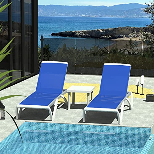 Image of Domi Patio Chaise Lounge Chair Set of 3,Outdoor Aluminum Polypropylene Sunbathing Chair with Adjustable Backrest,Arm,Side Table,for Beach,Yard,Balcony,Poolside(2 Blue Chairs + 1 Side Table)