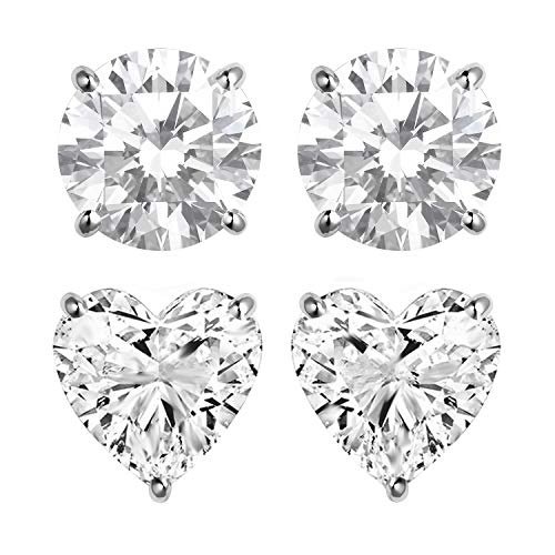 MUIBLU Two Pairs Women's Classic Sterling Silver Cubic Zirconia Round Stud Earrings & Heart Studs Earrings Set, Hypoallergenic Fashion Jewelry