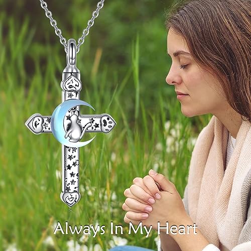 POPLYKE Pet Cat Cremation Jewelry for Ashes Sterling Silver Memorial Ash Jewelry Moonstone Cross Keepsake Urn Pendants for Animal Ashes Necklace - Image 3