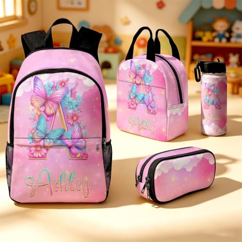Image of Custom Kids Backpack for Girls Toddler Backpacks Back to School Bookbag Set | Kid Personalized Backpack with Lunch Bag Girl Kindergarten Elementary Preschool Daypack Birthday Gifts Flower Butterfly Pink