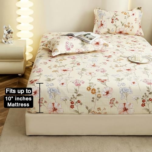 Image of Story@Home Cloud Cotton Fitted BEDSHEET (72 X 78 Inch) 360 Elastic King Size with 2 Pillow Covers | Super Soft Bed Sheet for King Size Bed Floral Design (White, Red)