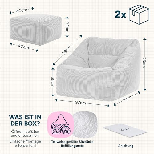 Icon Natalia Sitzsack Sessel mit Hocker für Erwachsene, Beige, Flauschiger Cord Stoff, Riesen...