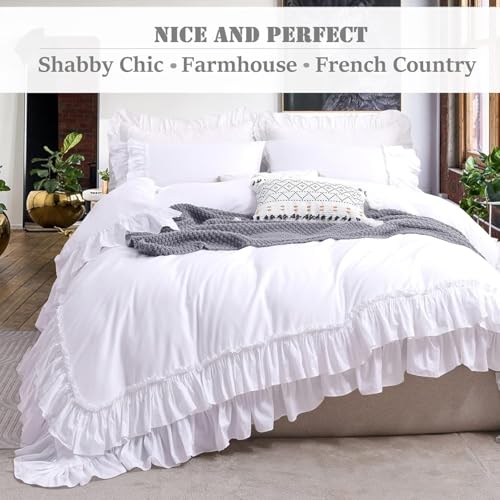 Image of QSH Ruffle White Duvet Cover California King Size- Washed Cotton Shabby Farmhouse Chic Ruffled Bedding 3pcs(1 Soft Cotton Duvet Cover +2 Ruffle Pillowshams) Aesthetic French Country Calking Bed