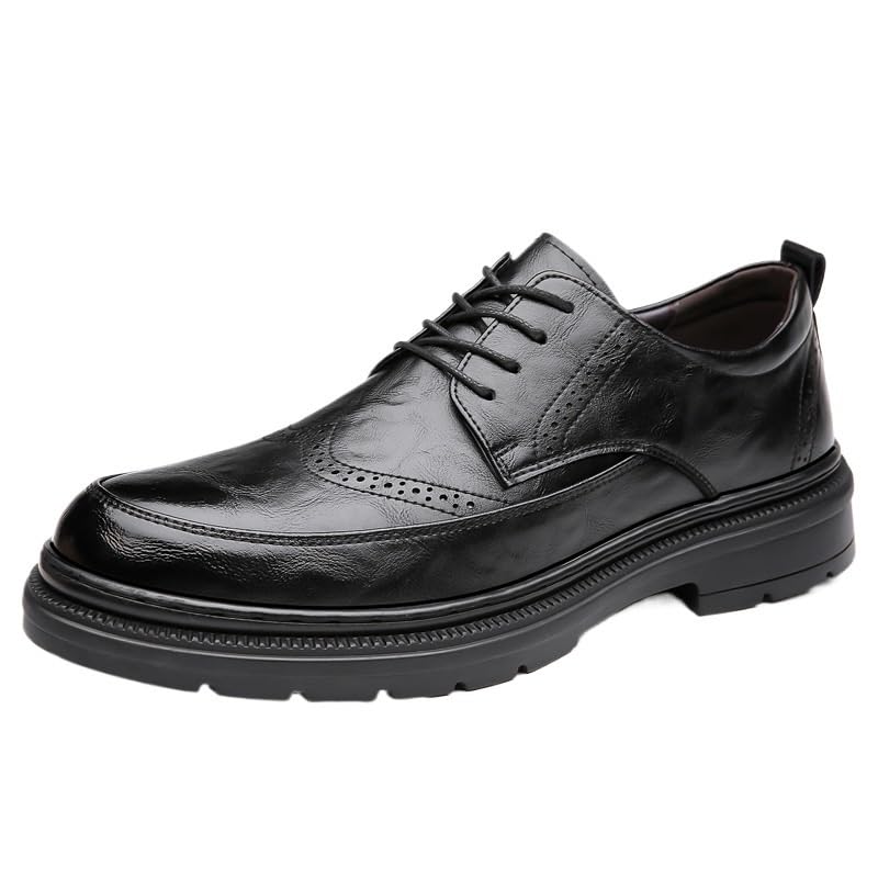 Men's Trends Leather Platform Lace Up Lug Sole Oxford Mens Classic Round Toe Chunky Heel Comfort Business Dress Shoes Men Slip On Casual Formal Work Derby Shoes(Black,6.5)