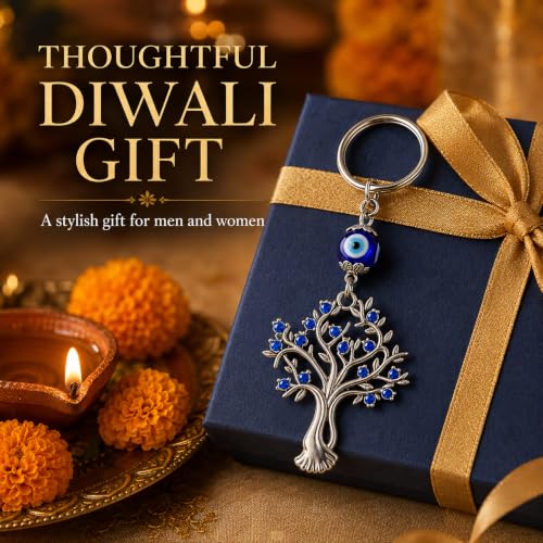 Image of Tree Shape Pendant with Blue Evil Eye Keychain Crystal alloy Keyring for Diwali Gift item for Men and Women
