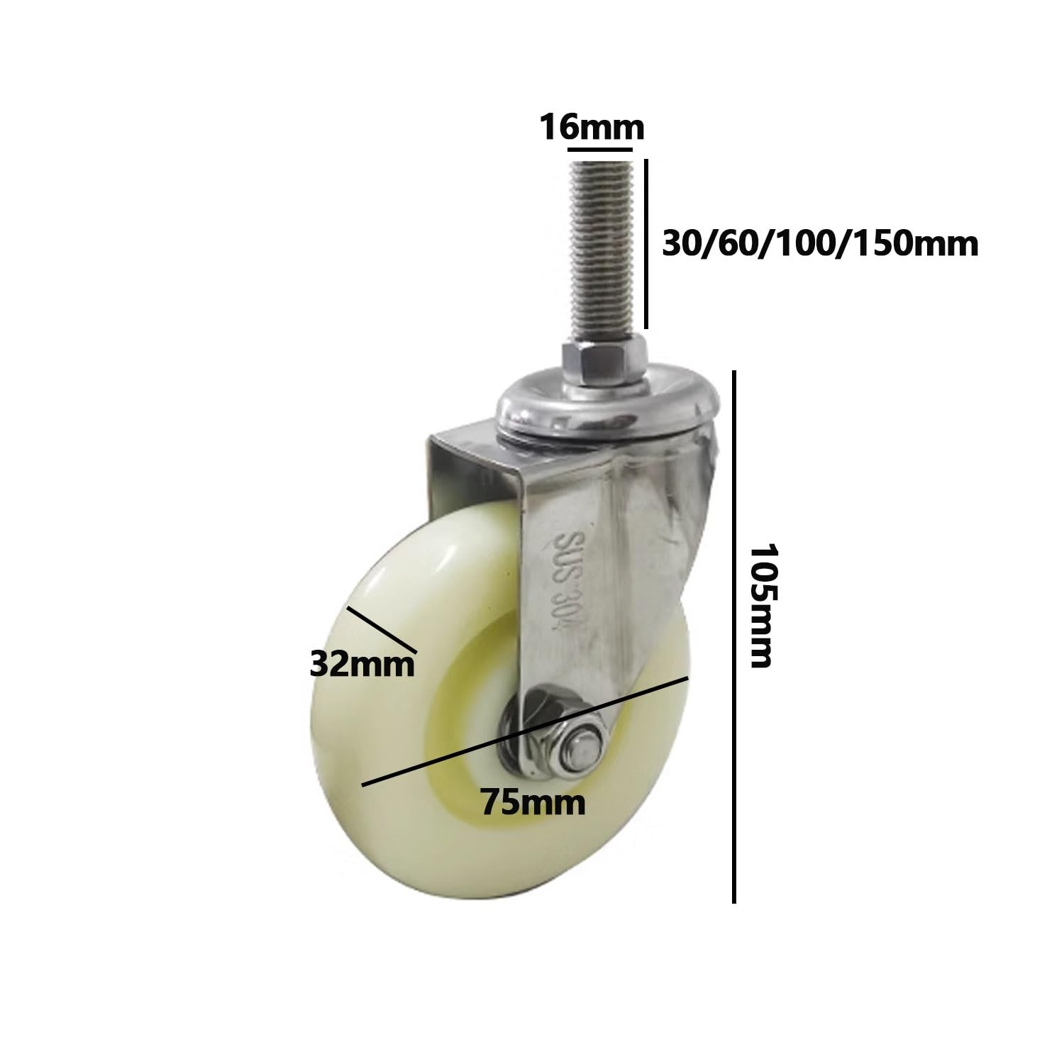 Set di 4 ruote M16 in nylon resistente con cuscinetti di ricambio senza rumore, per carrelli, attrezzature e mobili, 7,6 cm