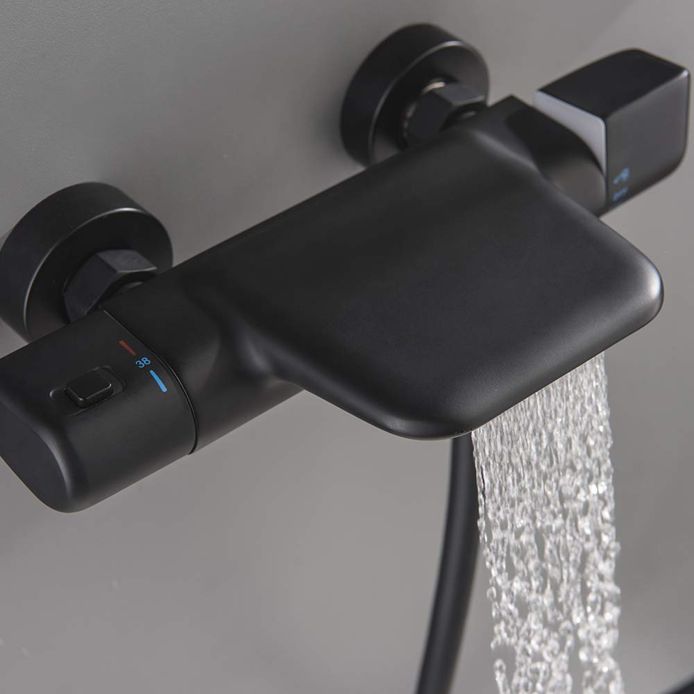 Conjunto de Ducha, Grifo de bañera Mural con Ducha, Mezclador termostático para bañera y Ducha, grifos de Ducha de latón con Ducha de Mano y Manguera, Color Negro.