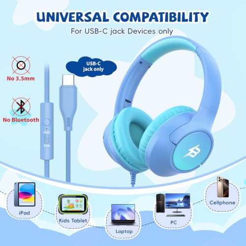Image of USB C Headphones Wired for Kids, 85 /94dB Volume Limit With Mic, Light Blue | Kid Headphones for School, Wired Over Ear USBC Plug in Corded Headphones for Boys Girl Toddler, iPad, Tablet, Airplane Travel