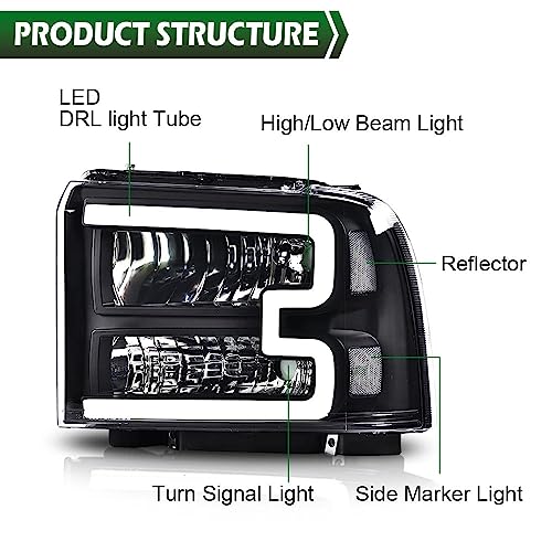 Image of GRAND ORANGE LED DRL Headlights Assembly, Compatible with Ford F250 F350 F450 F550 Super Duty 2005-2007, Fit Ford Excursion 2005, Clear Lens Black Housing Clear Reflector