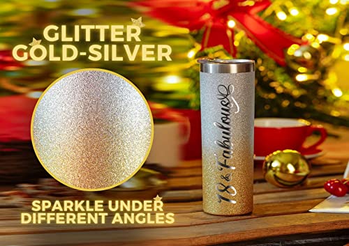 Onebttl 18Th Birthday Gifts For Girls, Women, Her - 18 And Fabulous -20Oz/590Ml Stainless Steel Insulated Glitter Tumbler With Straw, Lid, Message Card - (Gold-Silver Gradient) #TOP4