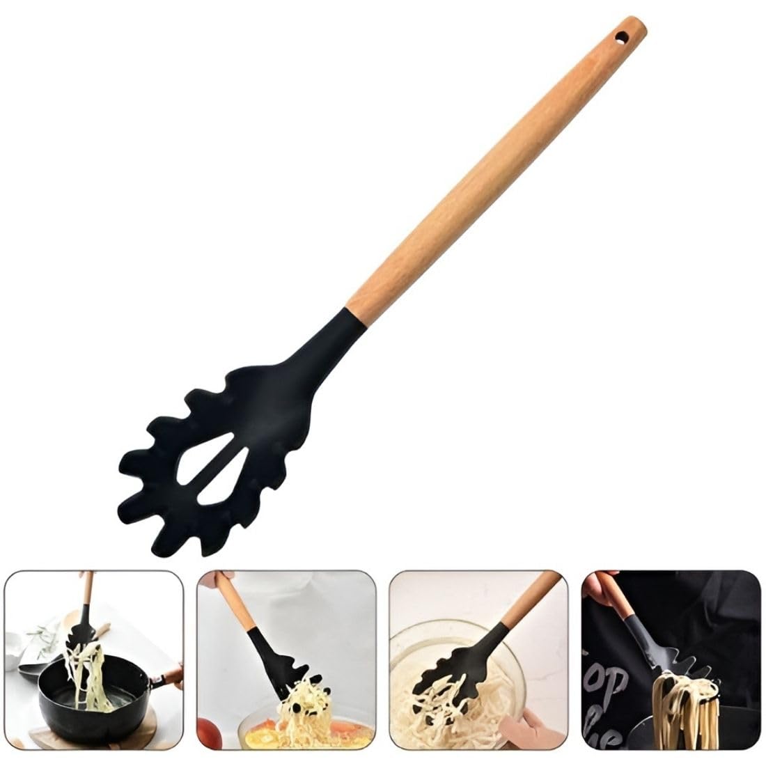 Besillia Silicone Spaghetti Pasta Fork, 31.5cm Noodle Spoon, Pasta Spoon with Wooden Handle, Spaghetti Server for Cooking, BPA-Free (Pack of 2, Black) 3