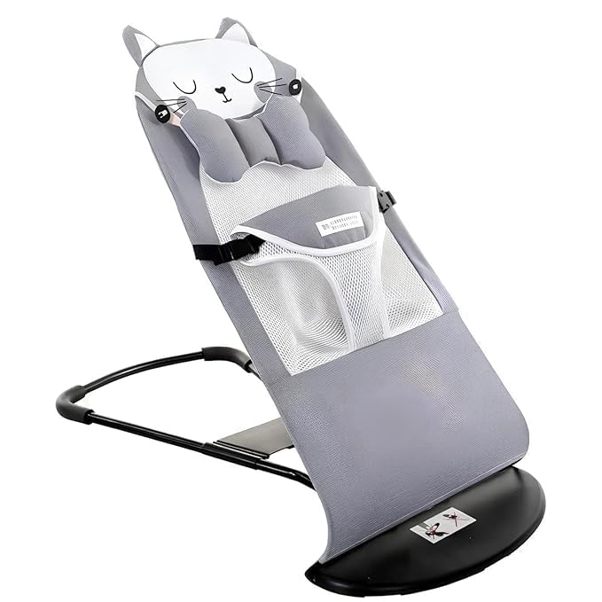 Image of Infant Baby Bouncer Rocking Chair with Ergonomic Reclining Seat, Foldable Portable Baby Rocker, Natural Gentle Bounce Seat with Safety Harness & Soft Head Support for Newborns and Infants