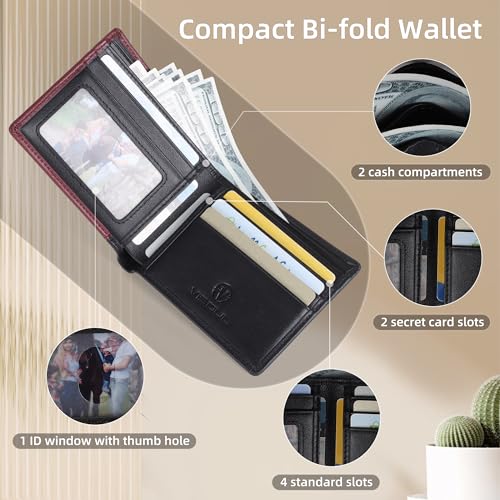 VISOUL Leather Bi-fold Wallets for Men with RFID Blocking Two Tone, Compact Men¡¯s Wallet with 1 ID Window and 2 Cash Compartments (Wine Red and Black)2
