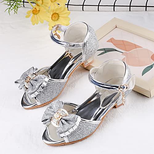 Image of Amtidy Girls Glitter Bow Low Heel Princess Shoes, Mary Jane Ankle Strap Dress Pumps for Wedding Birthday Party Performance