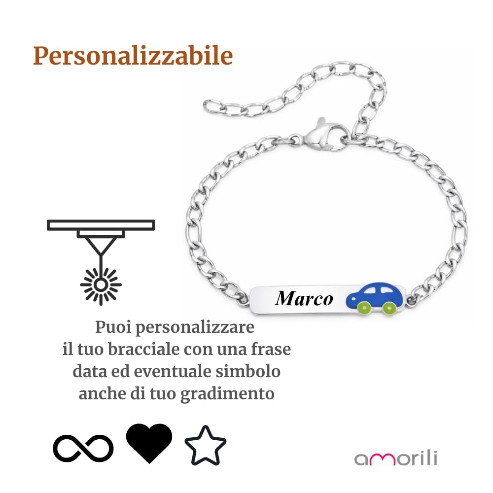 Bracciale Bimbo Personalizzato Personalizzabile con Incisione Nome in Acciaio Inox – Ciondolo Auto Macchinina Smaltata – Braccialetto Bambino Regolabile – Idea Regalo bcc1844