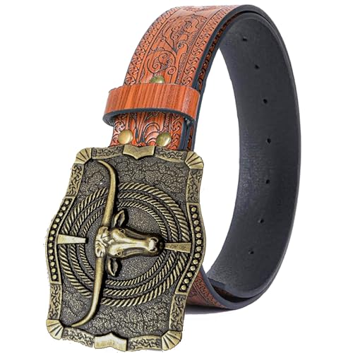 IZUS Men's Bull-Head Western-Belt Retro Cowboy-Belts with Longhorn-Bull-Engraved Square-Alloy-Buckle PU-Leather Waist-Strap4