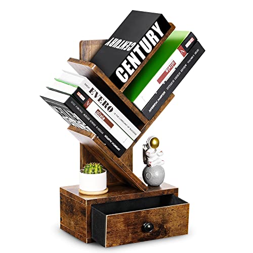 ORGXpert Stability 5-Shelf Wooden Tree Bookshelf with Drawers, Vintage Style Artistic Tree Bookcase Display Holder Storage for Books, Magazines, DVDs in Living Room/Home/Office