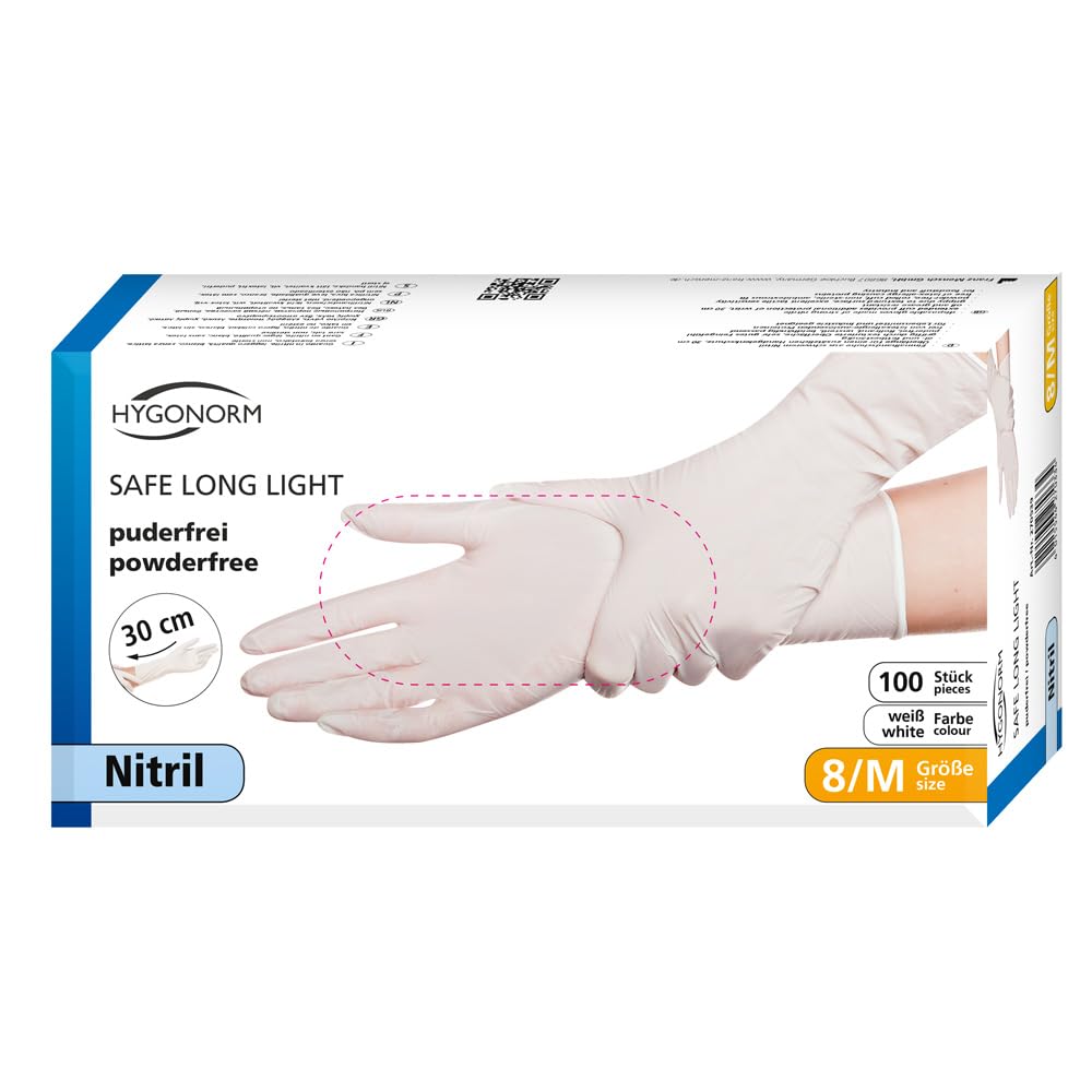FRANZ MENSCH 100 Stück Hygonorm Nitrilhandschuhe Safe Long Light | puderfrei, Packung, weiß, 7/S, L: 30cm, Einmalhandschuhe, Nitrilhandschuhe, Gummihandschuhe, Einweghandschuhe bei Günstiger Preis
