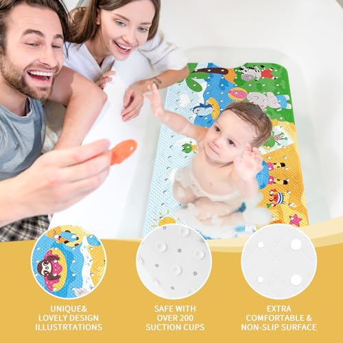 Image of PRATIQUE Kids Bath Mat for Tub Non Slip,40 X 16 Inch Extra Long Kids Bathtub Mat Seaside Zoo Bathtub Shower Mat Safety Anti Slip with Suction Cups and Drain Holes, Machine Washable