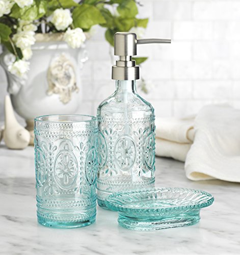 HC Classic Set of 3 Glass Bathroom ~Toothbrush Holder ~ Soap Holder ~ Soap Pump Lotion Dispenser (Blue) - Thumbnail 2