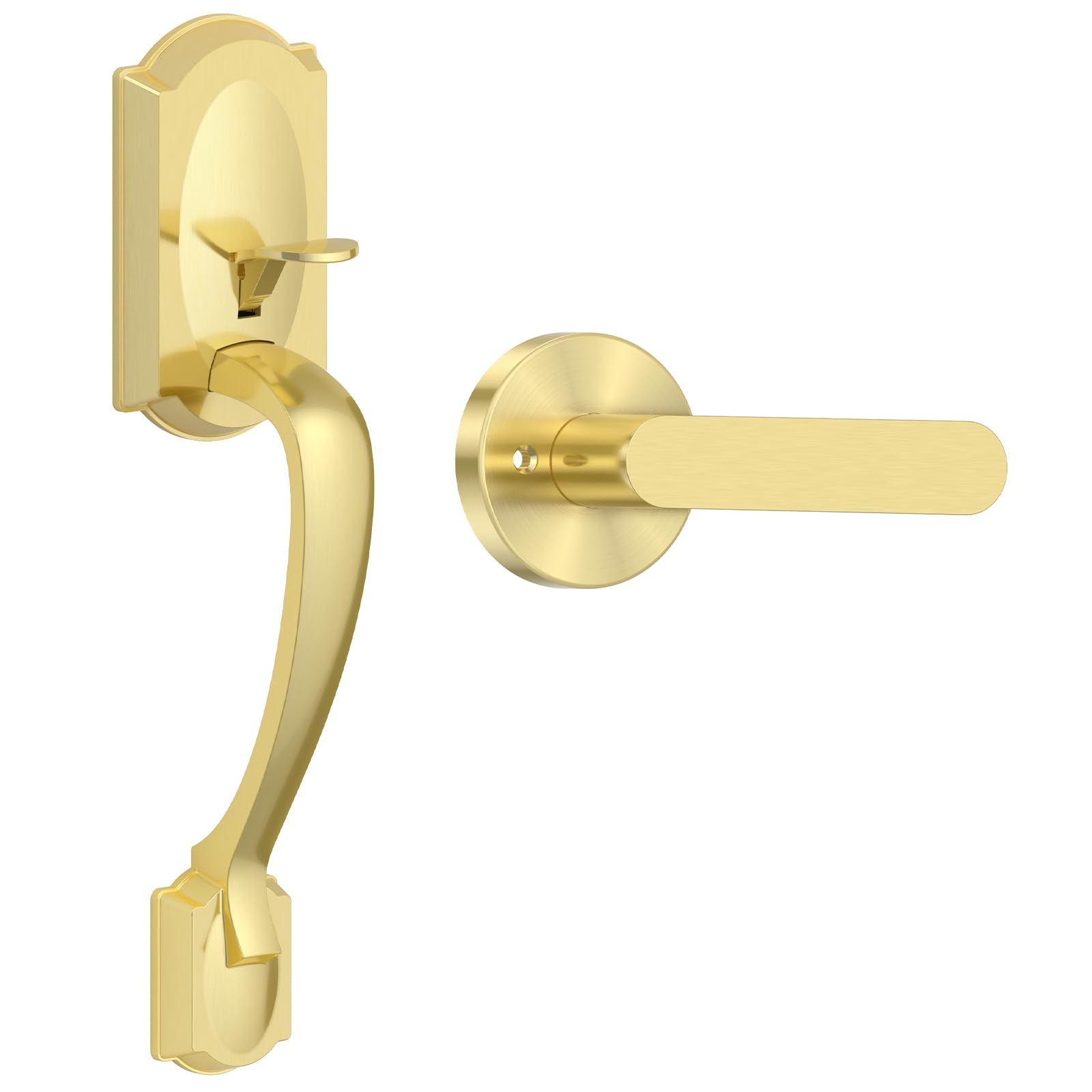 Front Door Handle, Gold Exterior Door Handle with Passage Lever, Vintage Front Entry Door Handle No Lock, Reversible for Left &amp; Right Handed Doors, Lower Half Grip, Satin Brass