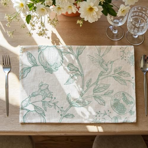 JINCHAN JINCHAN Linen Placemats Set of 4 Farmhouse Botanical Print 13x19 Inch Green