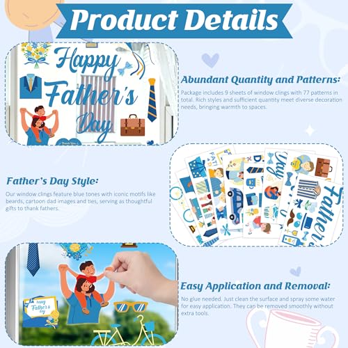 Image of 77 PCS Fathers Day Window Clings, 9 Sheets Blue Fathers Day Decorations, Double-Sided Dad Stickers for Glass Windows with Hearts Roses Patterns, Dad Decorations for Home Store Birthday Party