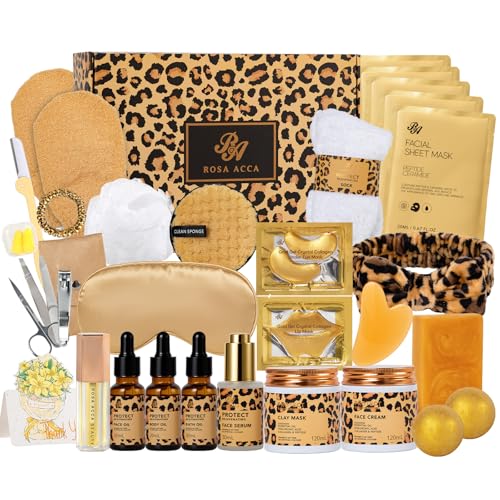 Gifts for Women, 32 Pcs Leopard Facial Skin Care Gift Set for Women, Home Spa & Self-Care Gift Kit, Bath and Body Gifts Basket Set, Face Sheet Mask, Wife, Birthday, Christmas, Valentines, Anniversary by RA ROSA ACCA - Used condition - US$32.09