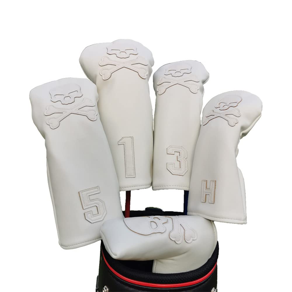 Scott Edward Leather Golf club Set Covers, Artificial Leather, Waterproof and Wear-resistant, 5 pcs White Colors, Skull Pattern, #1#3#5#H, Suitable for Driver Fairway Hybrid Blade Putter(White)