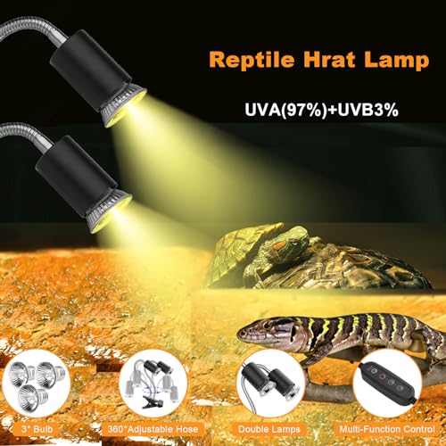 Image of Reptile Heat Lamp,Double-Head Heating Lamp for Reptiles, UVA /B Turtle Lamp with Clamp, Separate Control, Turtle Light,Basking Light for Reptiles Bearded Dragon Turtle Snake, 3 Basking Bulbs.