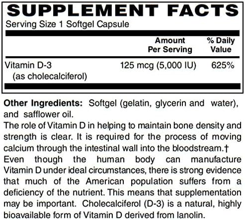 BariatricPal Vitamin D-3 125mcg (5000 IU) - Easy Swallow Vegetarian Softgels (250ct Bottle)