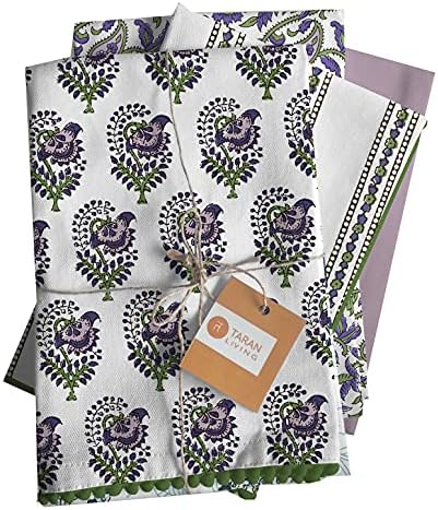 TARAN LIVING Tea Towels for Kitchen, Block Print White & Lilac Dish Towels for Kitchen, Kitchen Towels, Wash Clothes, Cotton Dishcloths for Kitchen, Bar Towels Printed Floral 18"x28" Pack of 4