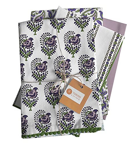 Taran Living Tea Towels For Kitchen, Block Print White & Lilac Dish Towels For Kitchen, Kitchen Towels, Wash Clothes, Cotton Dishcloths For Kitchen, Bar Towels Printed Floral 18"X28" Pack Of 4 #TOP19