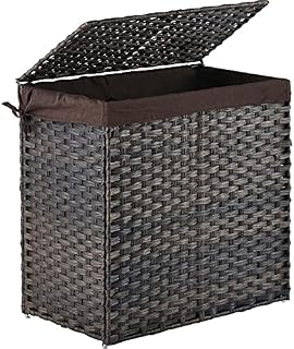 ALINK 110L Collapsible Rattan Double Laundry Basket with Lid , XXL Tall Large Foldable Divided Handwoven Waterproof 2 Sections Clothes Hamper Basket Bin, with Handles and Removable Liner Bag, Brown