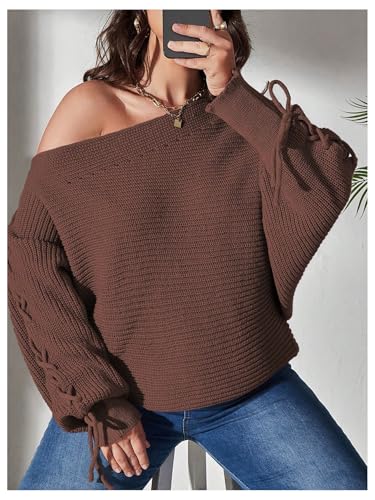 SOLY HUX Women's Plus Size Sweater Off Shoulder Lace Up Long Sleeve Asymmetrical Neck Pullover Top4