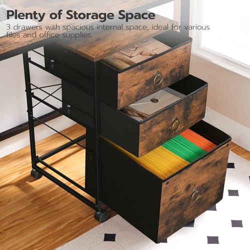 Image of HOOBRO 3-Drawer Mobile File Cabinet, Vertical Filing Cabinet, Under Desk Cart with Drawers for Home Office, Rolling Printer Stand, A4 /Letter-Sized, Fabric Drawer, Rustic Brown BF30WJ01