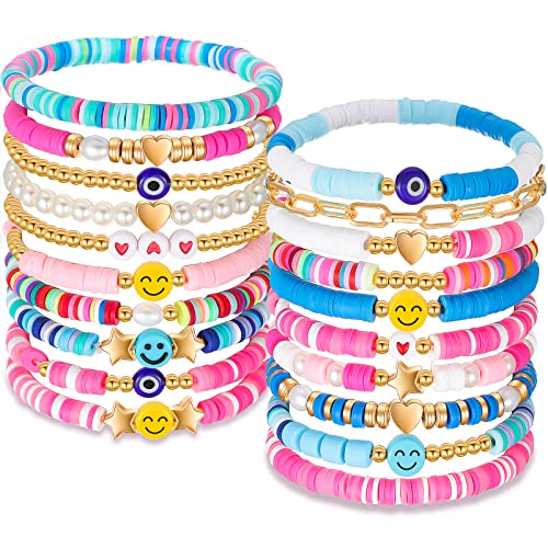 Remerry 20 Pcs Preppy Heishi Bracelets Colorful White Gold Smile Heart Star Evil Eye Beaded Stretch Bracelets Stackable Pearl Y2k Bracelets Beach Bohemian Bracelets for Women Girls(Funny Style)