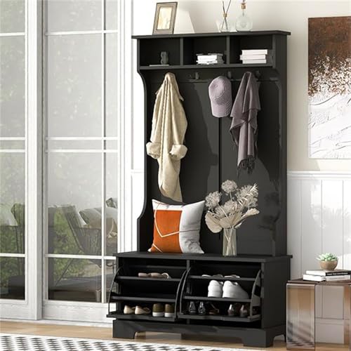 CIGEGE All-in-One Wooden Hallway Organizer, Entryway Coat Rack Hallway Tree with 3 Top Shelves and Reversible Shoe Cabinet Drawer with Storage Bench and Metal Hooks, Black