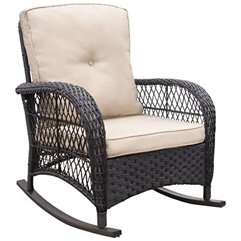 Skypatio Outdoor Wicker Rocking Chair, Modern UV Resistant Rattan Patio Rocker Chair for Garden, Porch, Sunroom, Backyard, Balcony Cover