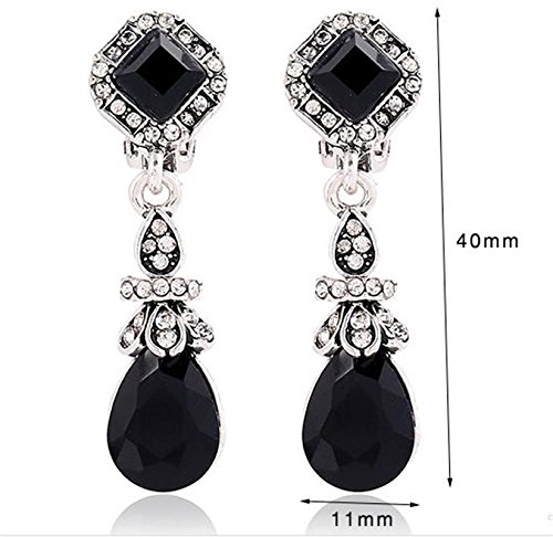 Grace Jun™ Bridal Vintage Earring Long Black Resin Rhinestone Clip On Earrings Without Piercing For Women #TOP3