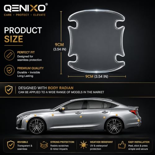 Image of Qenixo Universal Car Door Handle Protector & Vehicle Door Decal Self-Adhesive Transparent PU Scratch-Guard Vinyl Sticker for Paint Protection Decorative Automotive Graphic Wrap Universal Fit Pack of 4