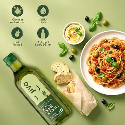 Image of Jivo Extra Virgin Olive Oil 500 ML Pet Bottle | Imported from Spain | Contains Vitamin E | Cholesterol-Free| Natural and Cold Pressed Cooking Oil, for Dressings, Salad and Soups, Dips & Marinades