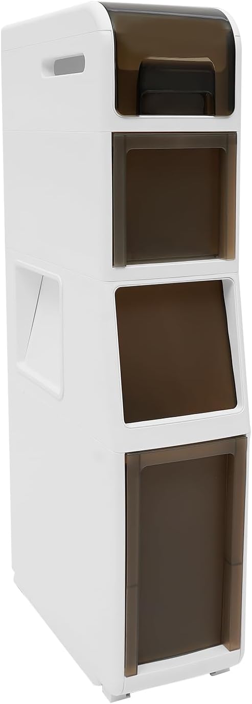 4-Tiers Bathroom Storage Cabinet, Slim Bathroom Cabinet with Side Toilet Paper Opening, Bottom Trash Bin with Rebound Door, Plastic Narrow Storage Stand with Drawers for Small Space