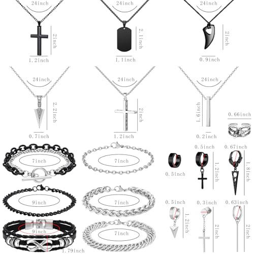 NEWITIN 31 Pieces Stainless Steel Jewelry Set for Men Black Silver Chain Necklace Bracelet Cross Pendant Necklaces Vintage Rings Dangle Cross Earrings Cuban Jewelry Set for Men Women2